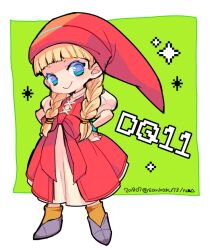 Rule 34 | 1girl, 73 (naa), blonde hair, blue eyes, blunt bangs, bracelet, braid, closed mouth, copyright name, dated, dragon quest, dragon quest xi, dress, full body, hat, jewelry, long hair, looking at viewer, puffy short sleeves, puffy sleeves, red dress, red hat, short sleeves, signature, smile, solo, standing, twin braids, veronica (dq11)
