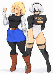 Rule 34 | 2girls, android 18, belt, black blindfold, black hairband, black pantyhose, blindfold, blonde hair, blue eyes, blue skirt, boots, breasts, brown footwear, cleavage, cleavage cutout, clothing cutout, crossover, dragon ball, dragonball z, hairband, highleg, highleg leotard, highres, juliet sleeves, large breasts, leotard, lips, long sleeves, medium breasts, mole, mole under mouth, multiple girls, nier (series), nier:automata, pantyhose, puffy sleeves, shirt, short hair, skirt, smile, square enix, standing, thick thighs, thighhighs, thighs, white hair, yoracrab, 2b (nier:automata)