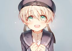 Rule 34 | 10s, 1girl, beret, blonde hair, blush, clothes writing, green eyes, hat, jewelry, kantai collection, looking at viewer, open mouth, ring, sailor collar, sailor hat, shigaraki (strobe blue), short hair, simple background, smile, solo, wedding band, z1 leberecht maass (kancolle)