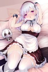 Rule 34 | 1girl, alternate costume, apron, azur lane, bare shoulders, black hairband, blush, breasts, character doll, clothing cutout, dido (azur lane), earrings, enmaided, frills, grey hair, hairband, highres, jewelry, kneehighs, large breasts, long hair, looking at viewer, lying, maid, on back, over-kneehighs, pink eyes, shiira (nya rl), sleeveless, socks, solo, thighhighs, thighs, underboob, underboob cutout, waist apron, white apron, white hair, white socks, white thighhighs