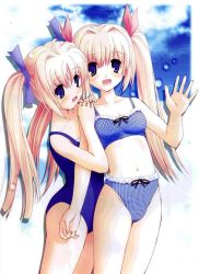 Rule 34 | 2girls, ahoge, bikini, blonde hair, blue bikini, blue eyes, blue one-piece swimsuit, blush, breasts, checkered bikini, checkered clothes, cloud, clover (series), clover heart&#039;s, collarbone, fang, hair ribbon, hands on another&#039;s shoulder, highres, long hair, looking at viewer, mikoshiba rea, mikoshiba rio, multiple girls, navel, nimura yuuji, one-piece swimsuit, open mouth, ribbon, saiga (company), school swimsuit, siblings, sisters, sky, small breasts, smile, standing, swimsuit, tankini, thighs, twins, twintails, waving