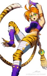 Rule 34 | 1girl, ahoge, animal ears, animal print, armpits, bandages, bandages on legs, breasts, breath of fire, breath of fire ii, brown hair, claws, cleavage, facial mark, fangs, foot out of frame, from below, green eyes, highres, holding, holding staff, holding weapon, large breasts, looking at viewer, monster girl, open mouth, revenantart, rinpoo chuan, skin tight, slit pupils, staff, tail, taut clothes, tiger ears, tiger girl, tiger print, tiger tail, weapon, white background
