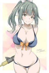 Rule 34 | 1girl, arms behind back, artist name, bikini, breasts, brown eyes, cleavage, cowboy shot, front-tie bikini top, front-tie top, gakky, grey bikini, grey hair, highres, kantai collection, large breasts, navel, official alternate costume, ponytail, smile, solo, swimsuit, thigh gap, water gun, yuubari (kancolle), yuubari kai ni (kancolle), yuubari kai ni (swimsuit mode) (kancolle)