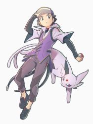 Rule 34 | 1boy, alternate costume, baseball cap, black footwear, brown eyes, brown hair, commentary request, creatures (company), espeon, game freak, gen 2 pokemon, hand on headwear, hat, holding, holding poke ball, looking to the side, male focus, nagi (exsit00), nintendo, pants, parted lips, poke ball, poke ball (basic), pokemon, pokemon (creature), pokemon frlg, purple vest, red (pokemon), shoes, short hair, short sleeves, undershirt, vest, white background