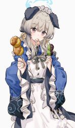 Rule 34 | 1girl, animal ears, apron, blue archive, blue kimono, blush, brown eyes, cowboy shot, dango, eating, food, frilled apron, frills, grey hair, hair over shoulder, hands up, highres, holding, holding food, japanese clothes, kimono, long hair, maid, migolu, mouth hold, simple background, solo, umika (blue archive), wa maid, wagashi, white apron, white background, wide sleeves
