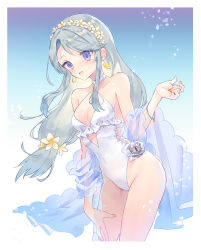 Rule 34 | anchor, asymmetrical bangs, blue background, border, breasts, casual one-piece swimsuit, choker, covered navel, cowboy shot, earrings, flower, frilled swimsuit, frills, gradient background, grey hair, hair flower, hair ornament, hairband, highres, jewelry, kantai collection, long hair, looking at viewer, one-piece swimsuit, open mouth, purple eyes, sagiri (kancolle), shawl, small breasts, smile, swept bangs, swimsuit, torii sumi, white border, white choker, white one-piece swimsuit