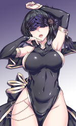 Rule 34 | 1girl, absurdres, arm up, black hair, breasts, covered eyes, covered navel, detached sleeves, fish.boy, gradient background, hair ornament, hand on own face, highres, large breasts, lying, medium breasts, on back, open mouth, phantom blade (game), short hair, sideboob, solo, teeth, thighs, tongue, tongue out, upper teeth only, xianzhe (phantom blade), xianzhe (rakshasi bard) (phantom blade)