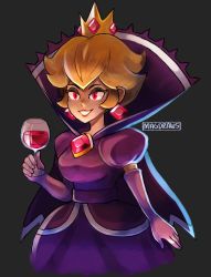 Rule 34 | 1girl, absurdres, alcohol, black background, blonde hair, crown, cup, dress, drinking glass, earrings, elbow gloves, gloves, grin, high collar, highres, jewelry, lipstick, mag (magdraws), makeup, mario (series), nintendo, paper mario, paper mario: the thousand year door, princess peach, purple dress, red eyes, shadow queen, sidelocks, simple background, smile, spoilers, wine, wine glass