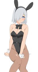 Rule 34 | 1girl, absurdres, animal ears, black bow, black bowtie, black leotard, blue eyes, bow, bowtie, breasts, brown pantyhose, cleavage, commentary request, detached collar, grey hair, hair ornament, hair over one eye, hairclip, hamakaze (kancolle), highres, kantai collection, large breasts, leotard, maonatten, pantyhose, playboy bunny, rabbit ears, short hair, simple background, sitting, smile, solo, strapless, strapless leotard, white background, wrist cuffs