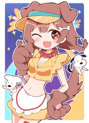 Rule 34 | 1girl, ;d, animal, animal ears, animal hands, apron, bone-shaped pupils, bone hair ornament, braid, breasts, brown gloves, brown hair, cartoon bone, cleavage, collar, crop top, dog, dog ears, dog girl, dog tail, futo-inu, gloves, hair ornament, hand on own hip, hololive, hoso-inu, inugami korone, long hair, low twintails, medium breasts, midriff, navel, one eye closed, open mouth, paw gloves, rabiiandrain, red collar, red eyes, shirt, smile, solo focus, spiked collar, spikes, symbol-shaped pupils, tail, twin braids, twintails, virtual youtuber, visor cap, waist apron, white apron, yellow headwear, yellow shirt