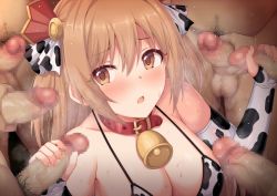 Rule 34 | 1girl, animal print, bad id, bad twitter id, bare shoulders, bell, bikini, blush, breasts, bridal gauntlets, brown eyes, brown hair, censored, cleavage, collar, collarbone, cow print, detached sleeves, double handjob, erection, handjob, hetero, horosuke, large breasts, long hair, looking at viewer, male masturbation, masturbation, multiple boys, multiple penises, neck bell, nozomi (princess connect!), nude, open mouth, penis, princess connect!, sweat, swimsuit, tagme, testicles, two side up, white bikini