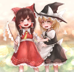 Rule 34 | 2girls, apron, arm grab, black dress, blonde hair, bow, braid, brown eyes, brown hair, bug, butterfly, child, commentary request, detached sleeves, dress, gohei, hair bow, hair tubes, hakurei reimu, hat, hoshibuchi, bug, kirisame marisa, long sleeves, looking at viewer, multiple girls, open mouth, puffy short sleeves, puffy sleeves, shirt, short sleeves, single braid, tears, touhou, waist apron, wavy mouth, wide sleeves, witch hat, yellow eyes, aged down