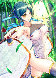 Rule 34 | 1girl, attack, bamboo, bamboo forest, black thighhighs, blood, blood splatter, blue hair, blush, breasts, china dress, chinese clothes, collarbone, commentary request, covered erect nipples, covered navel, cowboy shot, dress, floral print, forest, hair ornament, hair stick, highres, holding, holding sword, holding weapon, jian (weapon), large breasts, left-handed, leg up, looking at viewer, md5 mismatch, nature, no panties, original, outdoors, pelvic curtain, ribbon, ryuuzouji usagi, see-through, side slit, sideboob, slashing, smile, solo, sword, thighhighs, unsheathed, weapon, yellow eyes