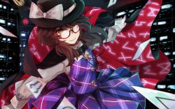 Rule 34 | 1girl, brown eyes, brown hair, buttons, cape, card, cityscape, glasses, gloves, hat, hat ribbon, kasahara udori, long sleeves, looking at viewer, plaid, plaid skirt, plaid vest, pleated skirt, red-framed eyewear, ribbon, school uniform, short hair, skirt, smile, solo, touhou, twintails, usami sumireko, vest, zener card