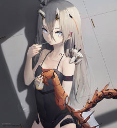 Rule 34 | absurdres, against wall, android, armband, bare arms, bare shoulders, black camisole, black leotard, blonde hair, blue eyes, breasts, camisole, commentary, crab, crab on head, crab on shoulder, eating, food, grey hair, headgear, highres, holding, holding food, holding ice cream, holding spoon, horns, ice cream, leaning, leotard, looking at viewer, mecha musume, mechanical arms, mechanical horns, mechanical parts, mechanical tail, non-humanoid robot, original, pointy ears, qiaogun damodao, robot, robot animal, shaded face, shadow, single mechanical arm, small breasts, spoon, swimsuit, tail, text background, utensil in mouth, wall