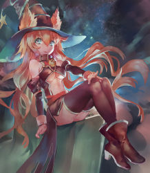 Rule 34 | 1girl, :d, animal ears, ankle boots, azomo, bare shoulders, bell, belt collar, blue eyes, boots, breasts, brown thighhighs, collar, crossed legs, detached sleeves, ears through headwear, floating hair, fox ears, hat, high heel boots, high heels, highres, jingle bell, legs together, long hair, long sleeves, looking at viewer, medium breasts, neck bell, open mouth, orange hair, original, sitting, sky, smile, solo, star (sky), starry sky, teeth, thighhighs, underboob, upper teeth only, very long hair, witch hat