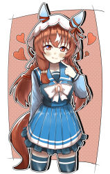Rule 34 | 1girl, absurdres, animal ears, blush, breasts, brown hair, closed mouth, collarbone, commentary request, hair between eyes, hair ornament, heart, highres, horse ears, horse girl, horse tail, long hair, pointing, pointing at self, red eyes, school uniform, small breasts, smile, solo, still in love (umamusume), tail, thighhighs, umamusume, veil, white background, yozora (vxtm8373)