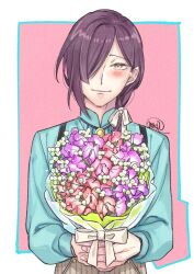Rule 34 | 1boy, aqua shirt, blush, bolo tie, border, bouquet, brown pants, bungou to alchemist, closed mouth, flower, full body, hair behind ear, hair over one eye, hair over shoulder, hair ribbon, head tilt, holding, holding bouquet, long hair, long sleeves, low ponytail, male focus, outside border, pants, pink background, pink flower, pinstripe pants, pinstripe pattern, purple flower, purple hair, ribbon, shirt, signature, smile, solo, standing, straight-on, suspenders, tasikanakoto, upper body, white border, white ribbon, yellow eyes, yokomitsu riichi (bungou to alchemist)