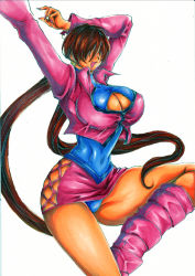 Rule 34 | 1girl, absurdres, boots, breasts, brown hair, bursting breasts, cleavage, cleavage cutout, clothing cutout, cropped jacket, fingernails, hair over eyes, highres, huge breasts, knee boots, large breasts, leotard, long fingernails, long hair, mame otoko, miniskirt, nail polish, pink footwear, red hair, shermie (kof), skindentation, skirt, smile, snk, solo, split ponytail, the king of fighters, thighs, white background
