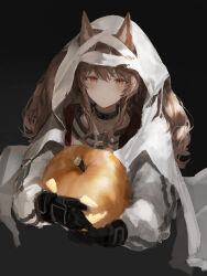 Rule 34 | 1girl, absurdres, angelina (arknights), arknights, black background, black collar, black gloves, black shirt, blush, brown hair, collar, ears through hood, food, ghost costume, gloves, hair through hood, highres, holding, holding food, holding pumpkin, holding vegetable, infection monitor (arknights), jacket, long sleeves, looking at viewer, pumpkin, red eyes, rrrr (user rrrrr), shirt, simple background, solo, twintails, upper body, vegetable, white jacket