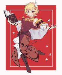 Rule 34 | 1girl, absurdres, blonde hair, book, boots, citrinne (fire emblem), closed mouth, dress, feather hair ornament, feathers, fire emblem, fire emblem engage, frills, full body, gem, hair ornament, highres, holding, holding book, jewelry, long dress, necklace, nintendo, red eyes, short hair, simple background, solo, ts nzer