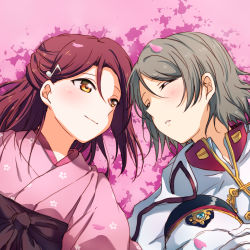 Rule 34 | 2girls, blush, braid, closed mouth, couple, fortissimo, french braid, from below, gloves, grey hair, hair between eyes, hair ornament, highres, jacket, japanese clothes, kimono, long hair, looking at another, love live!, love live! sunshine!!, lying, military jacket, multiple girls, musical note, musical note hair ornament, on back, parted lips, pink kimono, red hair, sakurauchi riko, short hair, smile, upper body, watanabe you, white gloves, white jacket, yellow eyes, yuchi (salmon-1000), yuri