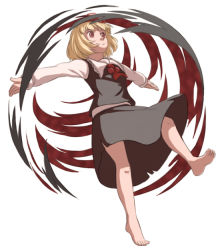 Rule 34 | 1girl, barefoot, blonde hair, blouse, darkness, full body, hair ribbon, mefomefo, outstretched arms, red eyes, ribbon, rumia, shirt, short hair, simple background, skirt, smile, solo, spread arms, touhou, vest, white background
