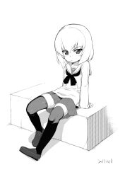 Rule 34 | 1girl, absurdres, alternate costume, blouse, blush, dated, frown, girls und panzer, greyscale, highres, katyusha (girls und panzer), loafers, long sleeves, looking at viewer, miniskirt, monochrome, neckerchief, ooarai school uniform, oversized clothes, pleated skirt, school uniform, serafuku, shirt, shoes, short hair, sitting, skirt, sleeves past wrists, solo, thighhighs, try (lsc)