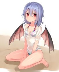 Rule 34 | 1girl, barefoot, between legs, bikini, blue hair, breasts, expressionless, floral print, full body, hair between eyes, looking at viewer, nazuka (mikkamisaki), o-ring, o-ring bikini, o-ring top, red eyes, remilia scarlet, see-through, shirt, short hair, short sleeves, sitting, small breasts, solo, swimsuit, touhou, wariza, wet, white shirt