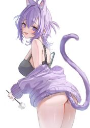 Rule 34 | 1girl, :d, ahoge, animal ears, ass, bare shoulders, black camisole, blush, camisole, cat ears, cat girl, cat tail, cowboy shot, from behind, hair between eyes, highres, holding, holding brush, hololive, jacket, legs together, long sleeves, looking at viewer, looking back, medium hair, mimikaki, nekomata okayu, nikoge (25ge dayo), off shoulder, open mouth, purple eyes, purple hair, purple jacket, shirt, sidelocks, sleeveless, sleeveless shirt, smile, solo, strap slip, tail, thick thighs, thighs, underbutt, virtual youtuber
