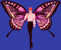 Rule 34 | 1boy, antennae, blue background, brown eyes, butterfly wings, closed mouth, collarbone, collared shirt, frills, full body, half-closed eyes, hand on own chest, heart, hunter x hunter, insect wings, k (kktkk), male focus, orange hair, shaiapouf, shirt, simple background, smile, solo, wings