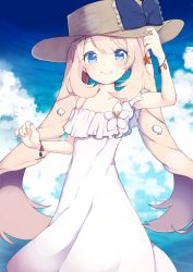 Rule 34 | 1girl, alternate costume, alternate headwear, ameshizuku natsuki, bare shoulders, blonde hair, blue eyes, breasts, cleavage, cloud, collarbone, colored eyelashes, day, detached sleeves, dress, fate/grand order, fate (series), hair between eyes, hand on headwear, hat, holding, holding clothes, holding hat, long hair, looking at viewer, marie antoinette (fate), marie antoinette (swimsuit caster) (second ascension) (fate), skirt, small breasts, smile, solo, sun hat, twintails, white dress