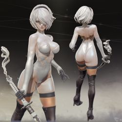 Rule 34 | 1girl, 3d, absurdres, ass, boots, breasts, cameltoe, cleavage, elbow gloves, gloves, high heel boots, high heels, highleg, highleg leotard, highres, leotard, leslyzerosix, multiple views, nier (series), nier:automata, silver hair, strapless, strapless leotard, sword, thigh boots, thighhighs, weapon, 2b (nier:automata)
