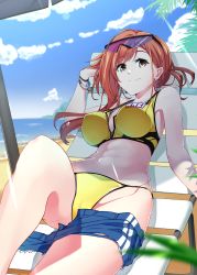 Rule 34 | 1girl, abs, arisugawa natsuha, bare shoulders, beach, bikini, blue shorts, blue sky, blurry, blurry foreground, blush, breasts, breasts apart, brown eyes, closed mouth, clothes pull, cloud, covered erect nipples, cowboy shot, day, eyewear on head, hadaka megane, highres, idolmaster, idolmaster shiny colors, large breasts, long hair, looking at viewer, lying, navel, ocean, on back, outdoors, parasol, reclining, red hair, shorts, shorts pull, sky, smile, solo, sports sunglasses, sunglasses, swimsuit, thighs, umbrella, yellow bikini