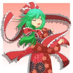 Rule 34 | 1girl, alternate costume, cato (monocatienus), cherry blossoms, chrysanthemum, closed eyes, female focus, flower, front ponytail, gradient background, green hair, japanese clothes, kagiyama hina, kimono, long hair, open mouth, ribbon, shadow, solo, touhou