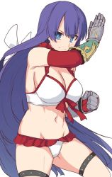 Rule 34 | 1girl, bare shoulders, blue eyes, blue hair, blush, bow, breasts, cleavage, commentary, detached sleeves, fate/grand order, fate (series), frills, gauntlets, hair bow, large breasts, long hair, looking at viewer, martha (fate), martha (swimsuit ruler) (fate), martha (swimsuit ruler) (third ascension) (fate), navel, panties, red ribbon, red sleeves, ribbon, shiseki hirame, simple background, smile, solo, thighhighs, underwear, very long hair, white background, white bow, white panties, white thighhighs