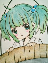 Rule 34 | 1girl, :&lt;, ahoge, bad id, bad pixiv id, blush, bucket, colored pencil (medium), frown, green eyes, green hair, grey background, hair bobbles, hair ornament, highres, in bucket, in container, kisume, looking at viewer, matching hair/eyes, meme-tan (bana nan26), short hair, simple background, solo, touhou, traditional media, twintails, upper body