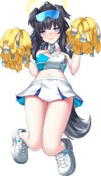 Rule 34 | 1girl, animal ears, bare legs, bare shoulders, black hair, blue archive, blue eyes, breasts, bright pupils, cheerleader, cleavage, crop top, dog ears, dog girl, dog tail, eyewear on head, facial mark, full body, goggles, goggles on head, halo, halterneck, hibiki (blue archive), hibiki (cheer squad) (blue archive), holding, holding pom poms, jumping, looking at viewer, medium breasts, midriff, millennium cheerleader outfit (blue archive), nichijo, pom pom (cheerleading), pom poms, ponytail, shoes, simple background, sneakers, star (symbol), star facial mark, sticker on arm, sticker on face, tail, white background