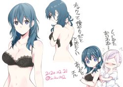 Rule 34 | 2girls, back, bare shoulders, black bra, blue eyes, blue hair, blush, bra, breasts, bright pupils, byleth (female) (fire emblem), byleth (fire emblem), chibi, cleavage, closed eyes, collarbone, cowboy shot, dated, edelgard von hresvelg, expressionless, fire emblem, fire emblem: three houses, hair between eyes, highres, ijiro suika, lace, lace-trimmed bra, lace trim, long hair, looking at viewer, looking back, medium breasts, midriff, multiple girls, multiple views, navel, nintendo, no mouth, off-shoulder shirt, off shoulder, partially undressed, shirt, side ponytail, silver hair, simple background, sweatdrop, translated, twitter username, underwear, underwear only, unfastened, upper body, white background, white shirt, yuri