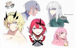 Rule 34 | 1boy, 5girls, alternate hair length, alternate hairstyle, bald, baobhan sith (fate), bare shoulders, barghest (fate), blonde hair, blue dress, blue eyes, blush, braid, breasts, butterfly wings, chibi, diamond hairband, dress, earrings, fate/grand order, fate (series), forked eyebrows, green eyes, green jacket, grey eyes, grey hair, habetrot (fate), half up braid, heterochromia, highres, horns, house tag denim, index finger raised, insect wings, jacket, jewelry, large breasts, long hair, long sleeves, looking at viewer, melusine (fate), morgan le fay (fate), multiple girls, oberon (fate), one eye closed, pink hair, pink jacket, pointy ears, ponytail, red eyes, short hair, sidelocks, small breasts, smile, tiara, white hair, wings, yellow eyes