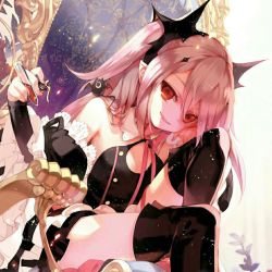 Rule 34 | 10s, 1girl, bad id, bad pixiv id, black dress, black thighhighs, detached sleeves, dress, krul tepes, levi9452, long hair, looking at viewer, official art, owari no seraph, pink hair, red eyes, sitting, smile, solo, thighhighs, yamamoto yamato