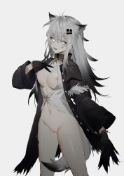 Rule 34 | 1girl, :d, absurdres, animal ears, arknights, black coat, black gloves, bottomless, breasts, cleft of venus, coat, commentary request, cowboy shot, gloves, grey background, grey eyes, hair ornament, hairclip, highres, lappland (arknights), lappland (refined horrormare) (arknights), long hair, long sleeves, looking at viewer, material growth, medium breasts, meng ziya, navel, nipple slip, nipples, official alternate costume, open clothes, open coat, open mouth, oripathy lesion (arknights), pussy, silver hair, simple background, smile, solo, standing, stomach, tail, thighs, wide sleeves, wolf ears, wolf tail
