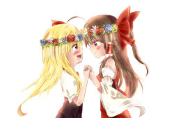 Rule 34 | 2girls, ahoge, aki-melody, blonde hair, blush, bow, brown hair, crying, crying with eyes open, detached sleeves, eye contact, flower, hair bow, hair flower, hair ornament, hair tubes, hakurei reimu, holding hands, interlocked fingers, leotard, long hair, looking at another, multiple girls, nontraditional miko, rumia, sendai hakurei no miko, tears, touhou, wide sleeves, wreath