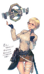 Rule 34 | 1girl, :d, black gloves, blonde hair, breasts, brown eyes, brown skirt, card, cowboy shot, final fantasy, final fantasy xiv, fingerless gloves, glasses, gloves, hands up, highres, holding, holding card, hyur, kuroimori, large breasts, long sleeves, miniskirt, mole, mole under mouth, open mouth, red-framed eyewear, ribbed sweater, short hair, skirt, smile, solo, sparkle, sweater, teeth, thigh strap, white background, white sweater