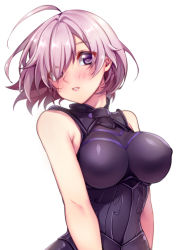 Rule 34 | ahoge, armor, bare shoulders, blush, breasts, covered erect nipples, eyes visible through hair, fate/grand order, fate (series), hair over one eye, head tilt, lips, looking at viewer, mash kyrielight, medium breasts, parted lips, pink hair, purple eyes, short hair, solo, tareme, tobidayooon, underbust, upper body