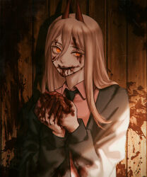 Rule 34 | 1girl, blonde hair, blood, blood on face, blood on hands, blood on wall, chainsaw man, commentary, crazy smile, cross-shaped pupils, czy (2894456992), hair between eyes, half-closed eye, heart, heart (organ), highres, holding, holding heart, holding organ, horns, long hair, orange eyes, power (chainsaw man), red horns, smile, solo, symbol-shaped pupils, upper body