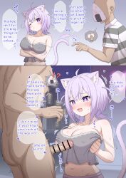 Rule 34 | 1boy, 1girl, :3, ahoge, animal ear fluff, animal ears, arms under breasts, bare arms, bare shoulders, blush, breasts, breasts squeezed together, bright pupils, camisole, cat cutout, cat ears, cat girl, cat tail, censored, cleavage, cleavage cutout, clothed female nude male, clothed sex, clothing cutout, comic, covered erect nipples, crop top, crossed arms, english text, erection, fang, grey camisole, grey shirt, hair between eyes, heart, heart-shaped pupils, hetero, hololive, large breasts, midriff, navel, nekomata okayu, night, no bra, norigure18, nude, one eye closed, open mouth, paizuri, penis, perpendicular paizuri, pointing, pointless censoring, pout, purple eyes, purple hair, see-through, see-through shirt, shirt, short hair, smile, spaghetti strap, speech bubble, strap slip, striped clothes, striped shirt, sweat, symbol-shaped pupils, tail, tail raised, two side up, upper body, veins, veiny penis, virtual youtuber