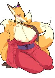 Rule 34 | 1girl, areola slip, blush, breasts, female focus, fox, furry, furry female, huge breasts, japanese clothes, kazuhiro, large breasts, open mouth, red eyes, solo