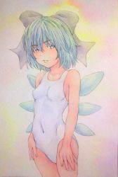 Rule 34 | 1girl, absurdres, alternate costume, blue eyes, blue hair, bow, breasts, casual one-piece swimsuit, cirno, covered navel, cowboy shot, hair bow, highres, ice, ice wings, looking at viewer, matching hair/eyes, one-piece swimsuit, painting (medium), parted lips, pink background, short hair, small breasts, solo, swimsuit, touhou, traditional media, watercolor (medium), white one-piece swimsuit, wings, yuyu (00365676)