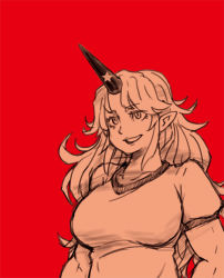 Rule 34 | 1girl, bad id, bad pixiv id, breasts, female focus, horns, hoshiguma yuugi, large breasts, monochrome, pointy ears, red background, red theme, shirt, simple background, single horn, sixxxx, smile, smirk, solo, t-shirt, touhou
